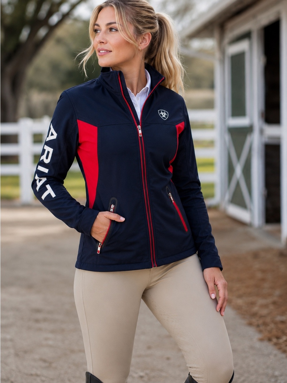 “ARIAT Women’s Medium Softshell Riding Jacket Navy Red Equestrian Zip”
